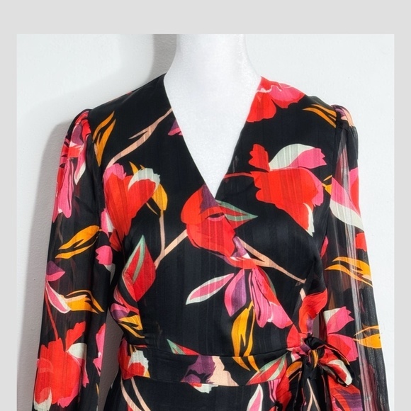 Adelyn Rae Wrap Dress High Low Chiffon Long Sleeve Black Red Print Sheer Sleeve - Picture 6 of 15
